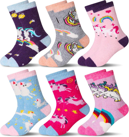 6 Pairs Children'S Winter Warm Wool Socks Kids Toddlers Boys Girls Thermal Thick Boot Cozy Crew Socks