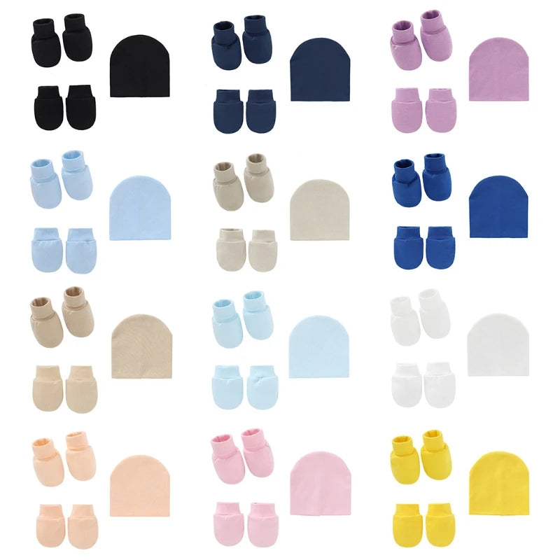 Baby Infants anti Scratching Knitted Cotton Gloves+Hat+Foot Cover Set Newborn Face Protection Scratch Mittens Socks Warm Cap Kit